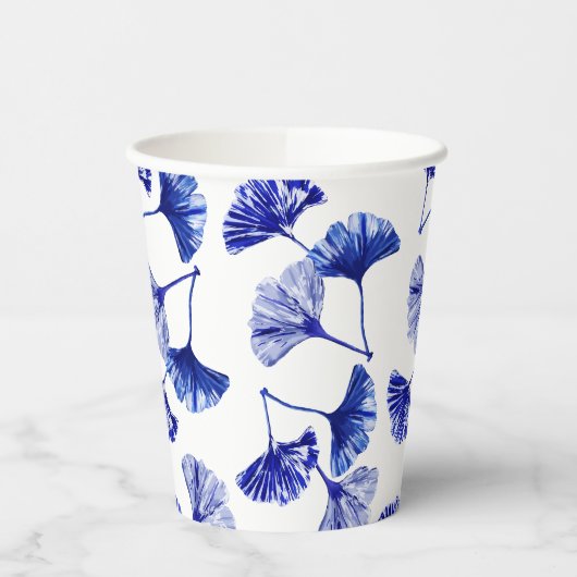 Blauw en wit Gingko leaf Papieren Bekers (Links)