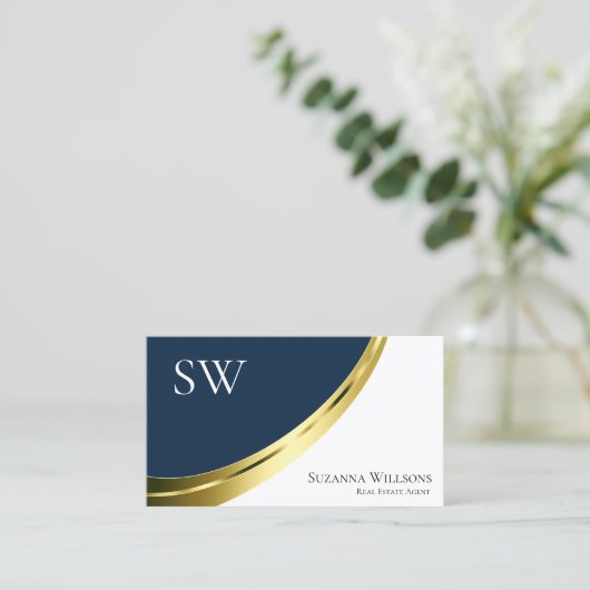 Blauw en wit Gold decor met monogram stijlvol Visitekaartje (Staand voorkant)