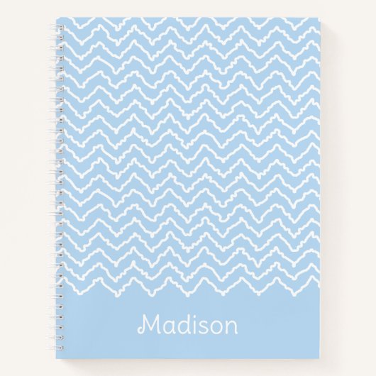 Blauw En Wit Golvend Chevron Zigzag Met Naam Notitieboek (Voorkant)