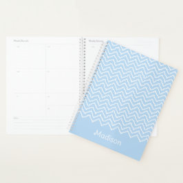 Blauw En Wit Golvend Chevron Zigzag Met Naam Planner