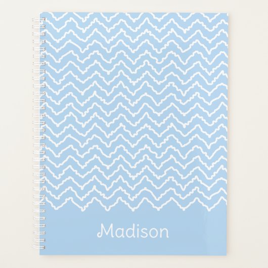 Blauw En Wit Golvend Chevron Zigzag Met Naam Planner (Voorkant)
