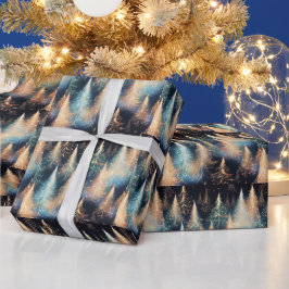 Blauw en wit goud bomen moderne kerst cadeaupapier