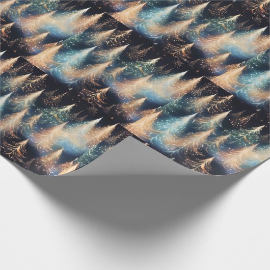 Blauw en wit goud bomen moderne kerst cadeaupapier (Hoek)