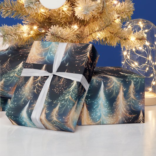 Blauw en wit goud bomen moderne kerst cadeaupapier (Feestdagen)