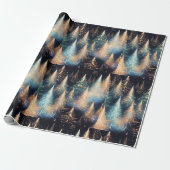 Blauw en wit goud bomen moderne kerst cadeaupapier (Uitgerold)
