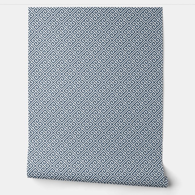 Blauw en wit Grieks sleutelpatroon Behang (Afrollen)