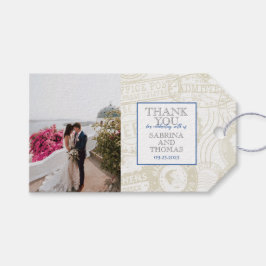 Blauw en Wit Griekse Huwelijksfoto Cadeaulabel