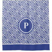 Blauw en Wit Griekse Sleutel Monogram Douchegordijn (Voorkant)