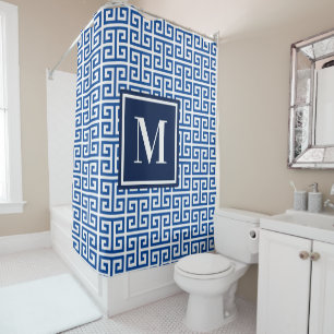 Blauw en wit Griekse sleutelmonogram Douchegordijn
