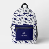 Blauw en wit haaienpatroon met naam jongen bedrukte rugzak (Voorkant)