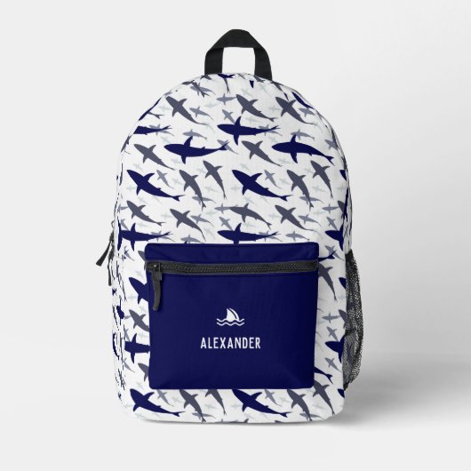 Blauw en wit haaienpatroon met naam jongen bedrukte rugzak (Voorkant)