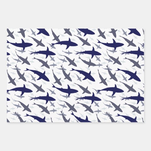 Blauw en wit haaienpatroon met naam jongen inpakpapier vel (Voorkant)