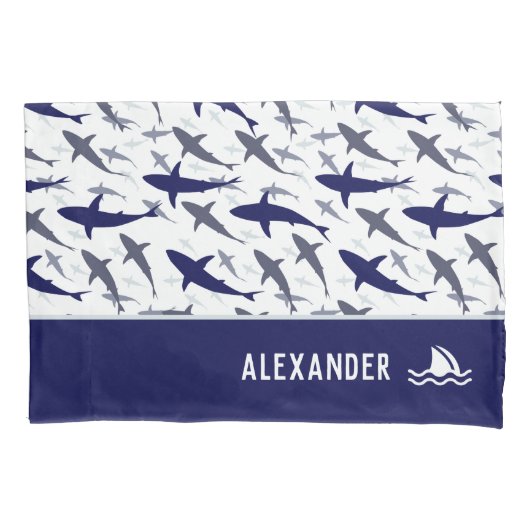 Blauw en wit haaienpatroon met naam jongen kussensloop (Voorkant)
