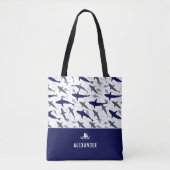 Blauw en wit haaienpatroon met naam jongen tote bag (Voorkant)