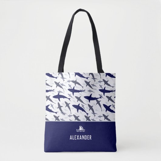 Blauw en wit haaienpatroon met naam jongen tote bag (Voorkant)
