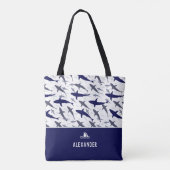 Blauw en wit haaienpatroon met naam jongen tote bag (Achterkant)