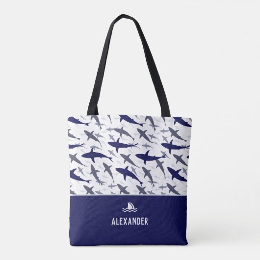 Blauw en wit haaienpatroon met naam jongen tote bag (Achterkant)