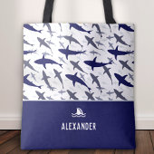 Blauw en wit haaienpatroon met naam jongen tote bag
