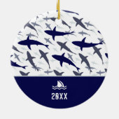 Blauw en wit haaienpatroon met naam Kerstman Keramisch Ornament (Achterkant)