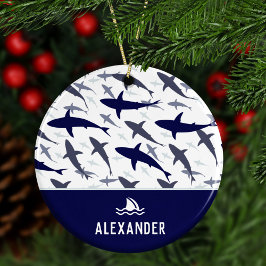 Blauw en wit haaienpatroon met naam Kerstman Keramisch Ornament
