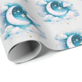 Blauw en Wit Halvemaan Hemels Boho Modern Cadeaupapier (Rol Hoek)