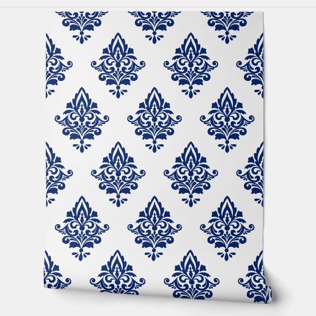 Blauw en wit Hamptons stijl Damaskpatroon Behang (Afrollen)