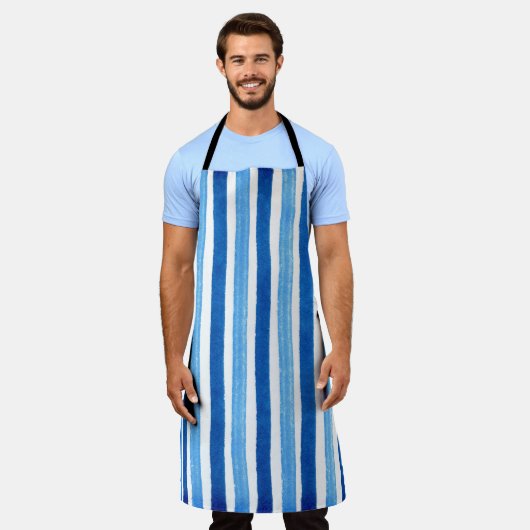 Blauw en wit handbeschilderde strepen schort (Gedragen)