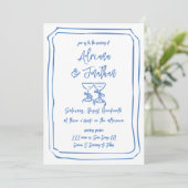 Blauw en wit handgetekende trouwdetails QR-code Kaart (Staand voorkant)