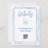 Blauw en wit handgetekende trouwdetails QR-code Kaart (Achterkant)