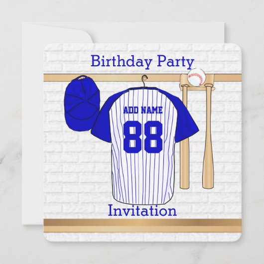 Blauw en wit honkbal jersey verjaardagsfeestje kaart (Voorkant)