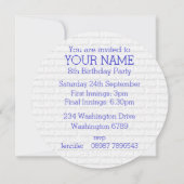 Blauw en wit honkbal jersey verjaardagsfeestje kaart (Achterkant)