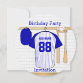Blauw en wit honkbal jersey verjaardagsfeestje kaart (Voorkant)