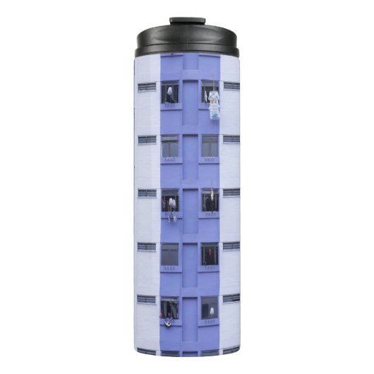 Blauw en wit hoogstijgend gebouw thermosbeker (Voorkant)