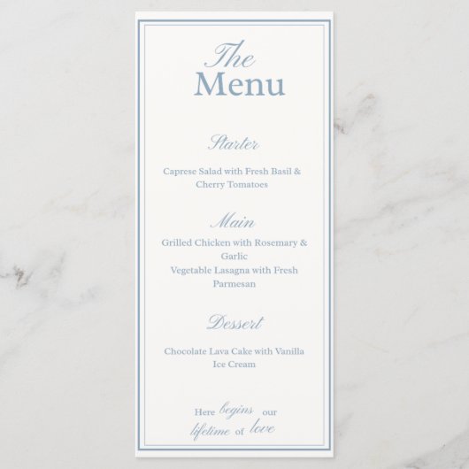 Blauw en wit Huwelijks Menu (Voorkant)