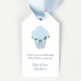 Blauw en wit Hydrangea Ginger Jar Baby shower Cadeaulabel