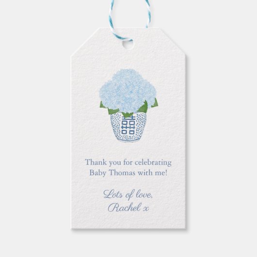 Blauw en wit Hydrangea Ginger Jar Baby shower Cadeaulabel (Voorkant)