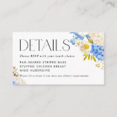 Blauw en Wit Hydrangea Maaltijdkeuze Details Informatiekaartje (Voorkant)