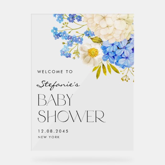 Blauw en wit Hydrangeas Baby shower Welkom Acryl Bord (Voorkant)