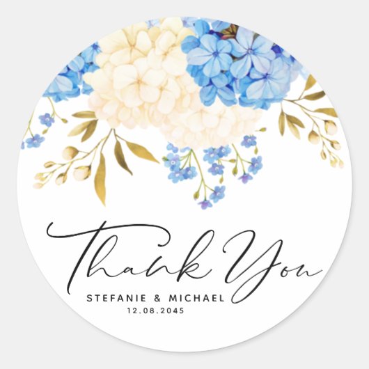 Blauw en wit Hydrangeas Bloemenbruiloft Dank u Ronde Sticker (Voorkant)