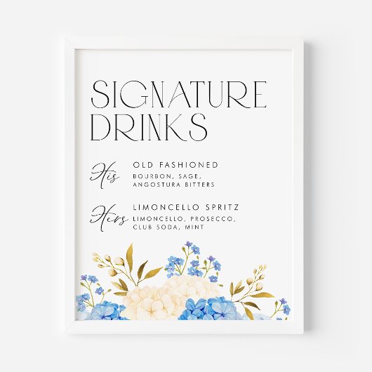 Blauw en Wit Hydrangeas Trouwhandtekening Drinken Poster