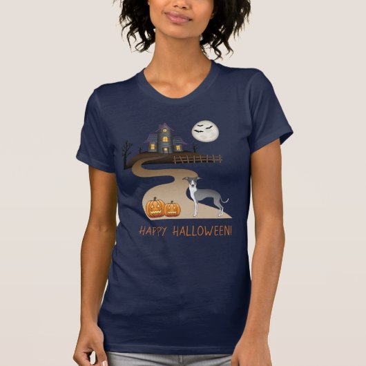 Blauw en wit Iggy en halloween Hauned House T-shirt (Voorkant)
