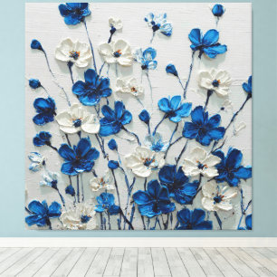 Blauw en Wit Impasto Bloem Abstracte Wandkunst Canvas Afdruk