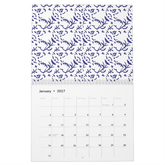 Blauw en wit inpakpapier met een afbeelding kalender (Jan 2027)