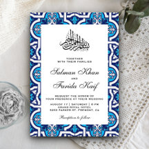 Blauw en Wit Islamitisch Arabesk Moslim Huwelijk
