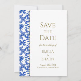 Blauw en Wit Italiaans Bruiloft Save the Date Kaart