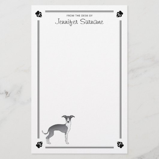 Blauw en wit Italiaans grijngeluid met poten en te Briefpapier (Voorkant)