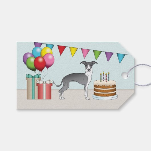 Blauw en wit Italiaans grijnwindje kleurrijke fees Cadeaulabel (Voorkant (Horizontaal))