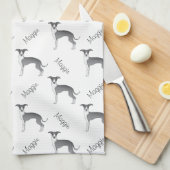 Blauw en wit Italiaans grijswindpatroon met naam Theedoek (Quarter Fold)