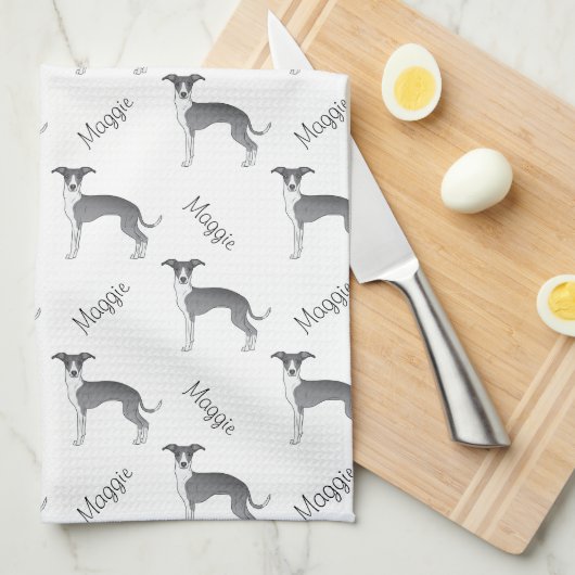 Blauw en wit Italiaans grijswindpatroon met naam Theedoek (Quarter Fold)