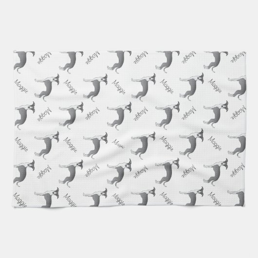 Blauw en wit Italiaans grijswindpatroon met naam Theedoek (Horizontaal)